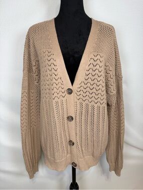 Nicole Miller Artelier Open Knit Cardigan Sweater XL Taupe Cotton Button Front